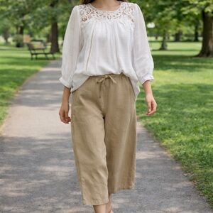 Darling Natural Beige Linen Blend Wide Barrel Leg Ankle Crop Pants, Size S